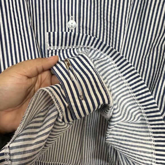 CW Classics Plus 20W Pinstripe Coastal Midi Skirt Blue White Button Summer Twill - Picture 3 of 9